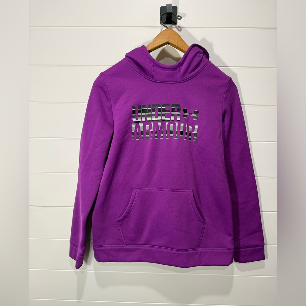 Youth L Under Armour Bright Purple Pullover Hoodie with Metallic Logo
